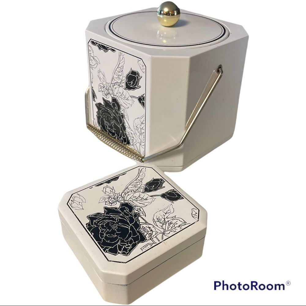 Vintage Mid Century Laquer Ware Ice Bucket and Coasters. Black and white floral.